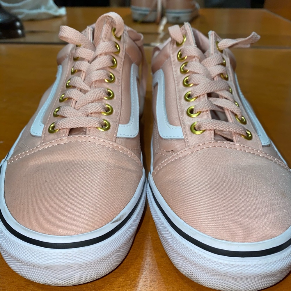 Pink satin Old Skool vans with gold detailing